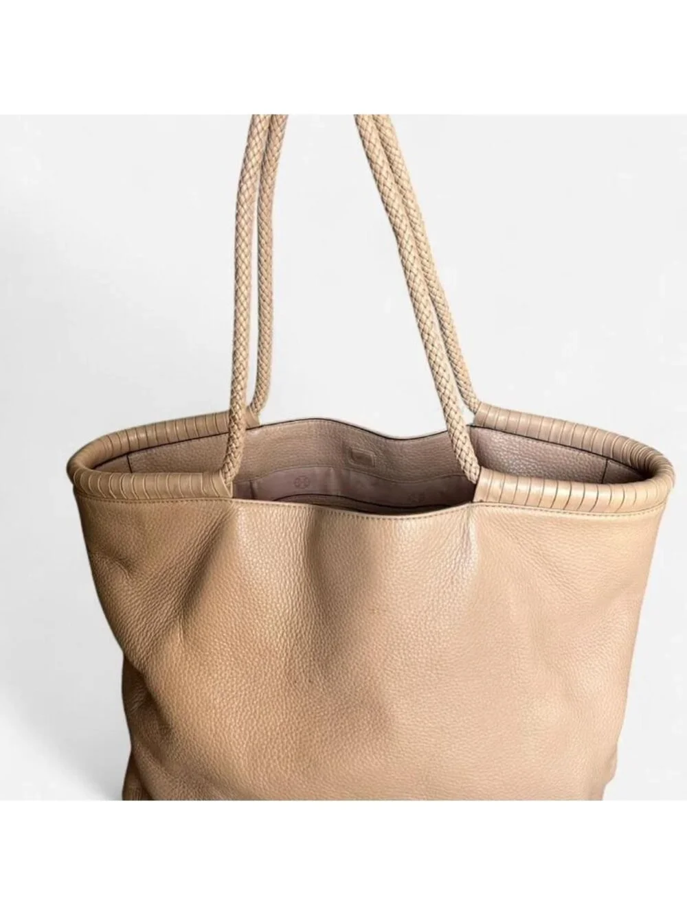 Tory Burch Taylor Beige/Light Pink Leather Tote Bag Braided Handles Classic Chic